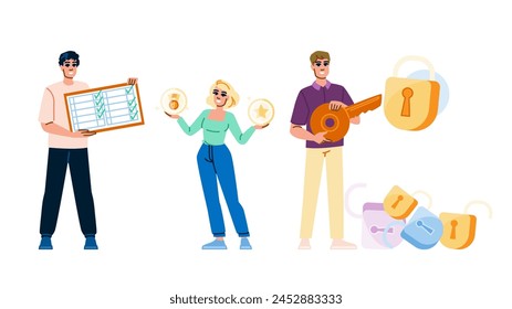 rewards gamification website vector. points competition, levels badges, leaderboard engagement rewards gamification website character. people flat cartoon illustration