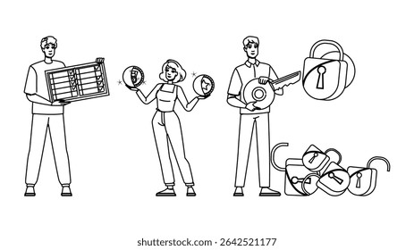 rewards gamification website vector. points competition, levels badges, leaderboard engagement rewards gamification website character. people black line pencil drawing illustration
