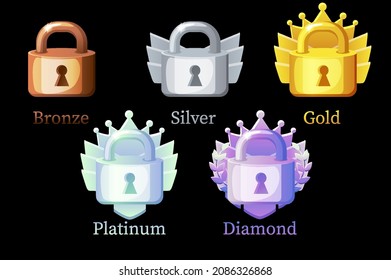 Rewards, gold, silver, platinum, bronze, diamond locks for game.