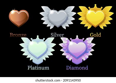 Recompensas, oro, plata, platino, bronce, corazón de diamante para el juego.