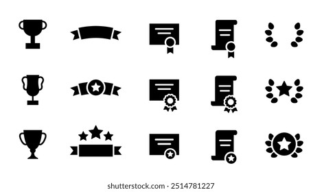 Rewards Icons set. Cups, Awards, Medals, Diplomas, Champion, Laurel Wreath, Certificate, Stars, Winner, Ribbon. Vector illustration in monochrome style of icons. Collection of black pictogram