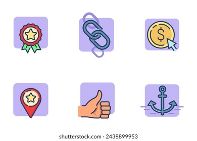 Rewards line icon set. Star badge, thumb up, dollar sign, link, map pointer with star. Motivation and promotion concept. Can be usind for topics like social media, achievements