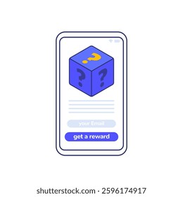 Rewards mobile app design, cube with question marks and a phone vector