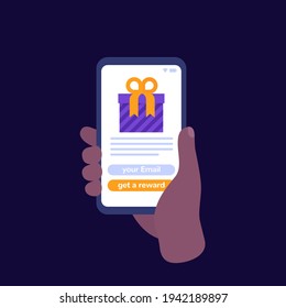 Rewards mobile app vector icon, phone in hand