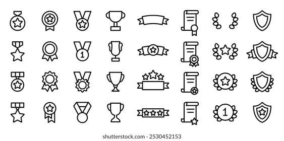 Rewards outline web icons set. Line Editable Icons. Pictograms and infographics for mobile apps. Success, achievement, winner, medals, cups, certificates, laurel wreath, awards ribbon. Big set symbols