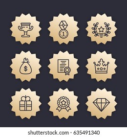Rewards, prizes, gifts linear icons on gold badges