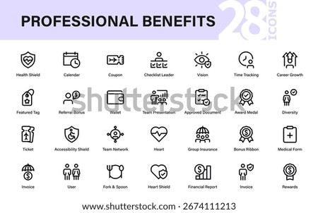 Rewards Professional Line Icon Set with Modern Minimal Compensation, Benefits, Salary, Bonus, Incentives, and Financial Success Vector Illustrations