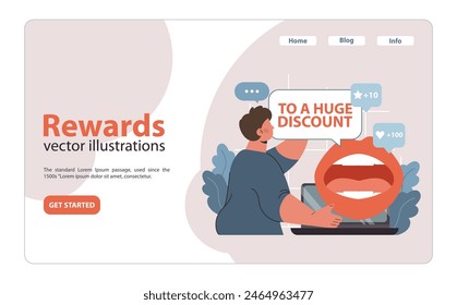 Rewards program concept. Man unlocking a significant discount on laptop, with like and star notifications. Loyalty benefits, online shopping incentives and digital promotions. Flat vector illustration