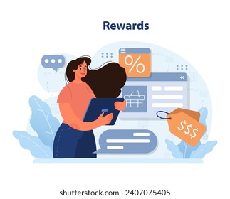Rewards program exploration. Woman engaging with online offers and discounts on a tablet, seeking best shopping deals. Navigating loyalty benefits, price tags, and savings. Flat vector illustration