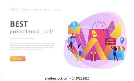 Rewards program. Marketing strategy. Retail promotion. Promotional mix, combination of promotional methods, best promotional tools concept. Website homepage landing web page template.
