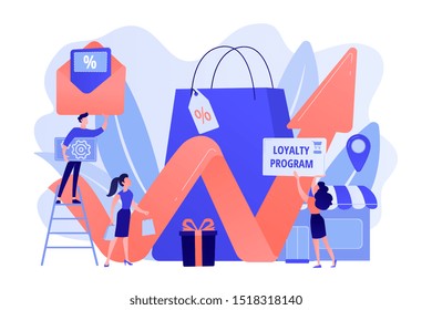 Rewards program. Marketing strategy. Retail promotion. Promotional mix, combination of promotional methods, best promotional tools concept. Pink coral blue vector isolated illustration