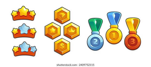 Rewards and trophies for three game level rank or progress gui design. Cartoon vector illustration set of 3 stars rating, bronze silver and golden medals on ribbon and hexagon achievement badges.