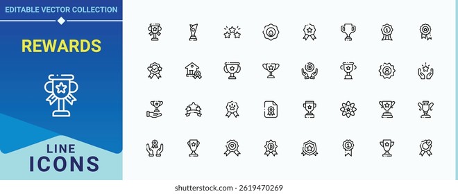 Rewards vector icon set. Contain linear symbols reward, bonus, award, winner and more. Award And Bonus icon set. Line symbol and sign. Vector illustration. Pixel perfect.
