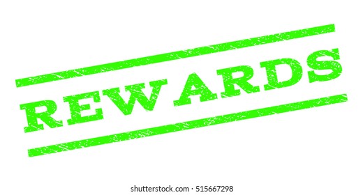 Rewards watermark stamp. Text caption between parallel lines with grunge design style. Rubber seal stamp with unclean texture. Vector light green color ink imprint on a white background.