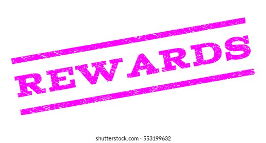 Rewards watermark stamp. Text caption between parallel lines with grunge design style. Rubber seal stamp with dust texture. Vector magenta color ink imprint on a white background.