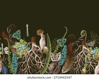 Raiz de musgo rewild solo orgânico terra crua elementos botânicos eco borda projeto padrão vetorial.