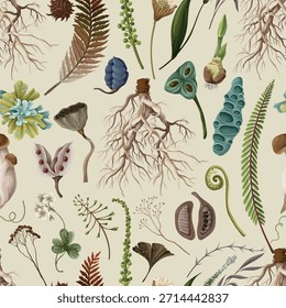 Rewild moss root organic soil earthy raw botanical elements eco seamless vector pattern design.