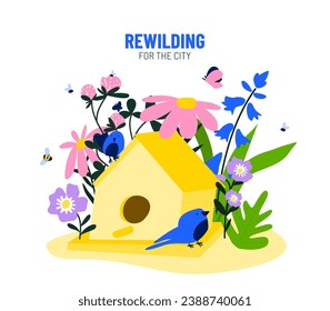 Rewild vector illustration concept. Bildbox with birds and oversized wildflowers and insects. Biodiversity concept, resilient habitats for native species. Renewing ecosystem and nature.