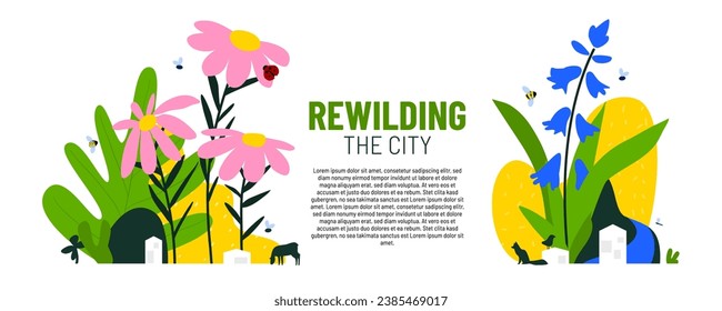 Rewild vector illustration concept. Oversized flowers, animals and birds between buildings in town. Restoration of natural habitats and wildlife. Protecting nature and ecosystem diversity.