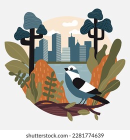 Rewilding city concept: bird at the wild park in the city. Natural habitat protection and resilent ecosystems in the big cities concept. Flat vector illustration for promotion of biodiversity.