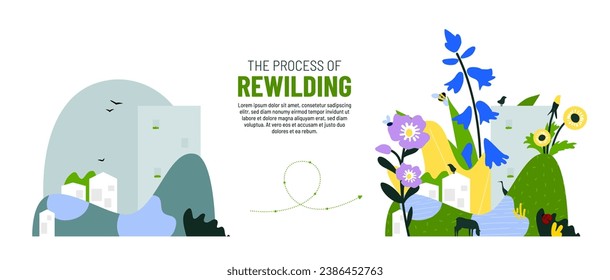 Rewilding the city illustration concept. Transforming urban landscapes into nature friendly environments. Nature-based solution to climate change problem. Promoting biodiversity. Renewing nature