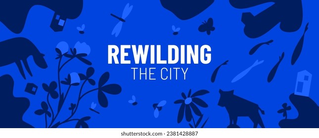 Rewilding concept vector illustration. Monotone banner with oversized wildflowers, boar, fish and insects. Protecting wildlife habitats. Promoting biodiversity. Renewing nature