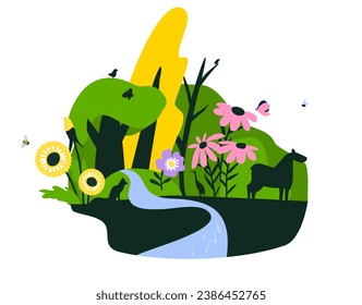 Rewilding concepto de ilustración vectorial. Flores silvestres, árboles, ciervos, zorro y garza. Bosque con río y pescado. Protección de los hábitats de vida silvestre. Promoción de la biodiversidad. Naturaleza renovadora