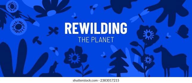 Re-wilding vector illustration. Monotone banner with oversized wildflowers, boar, fish and insects. Protecting wildlife habitats. Promoting biodiversity. Renewing nature