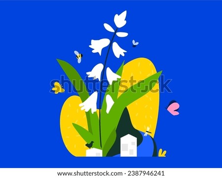 Rewilding vector illustration. Oversized wildflowers with insects and birds on river bank inside the city. Nature biodiversity in a city. Restoring nature’s balance and ecosystem.