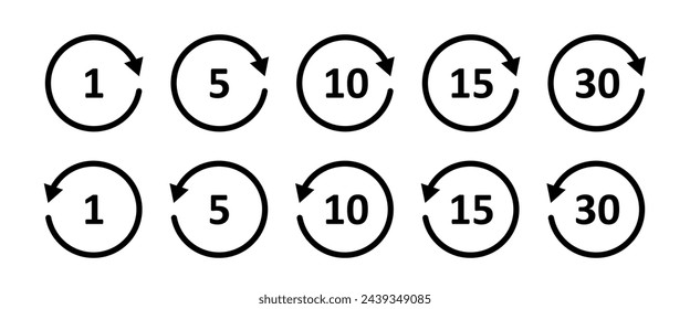 Rewind 1, 5, 10, 15, 30 second icon. Circle arrow icon. Replay or next symbol. Fast forward button. Round repeat sign. Rotating angle. Vector illustration isolated on white background.