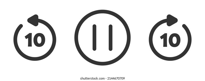 Rewind 10 seconds, pause, fast forward 10 seconds icon. Media illustration symbol. Sign app button vector.
