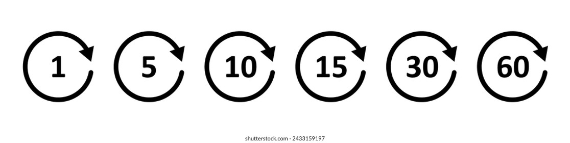 Rewind 5, 10, 15, 30, 60 second icon. Circle arrow icon. Replay or next symbol. Fast forward button. Round repeat sign. Rotating angle. Vector illustration isolated on white background.