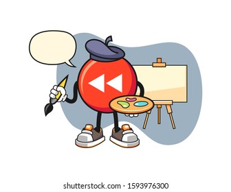 Rewind button artist with speech bubble cartoon. Mascot Character vector.