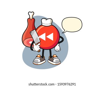 Rewind button butcher with speech bubble cartoon. Mascot Character vector.