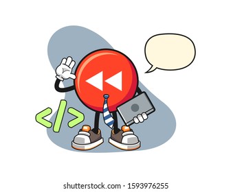 Rewind button developer with speech bubble cartoon. Mascot Character vector.