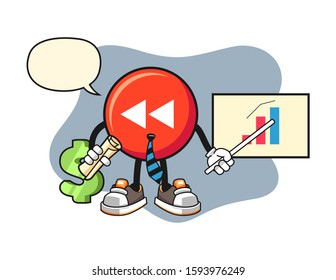 Rewind button economist with speech bubble cartoon. Mascot Character vector.