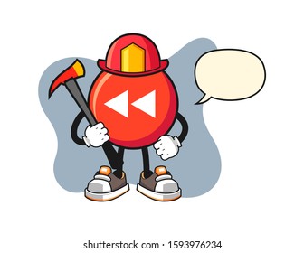 Rewind button firefighter with speech bubble cartoon. Mascot Character vector.