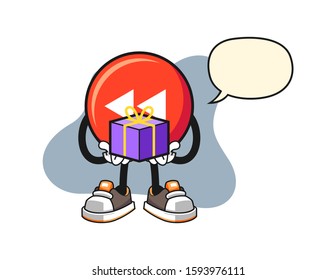 Rewind button give a gift with speech bubble cartoon. Mascot Character vector.