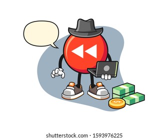 Rewind button hacker with speech bubble cartoon. Mascot Character vector.