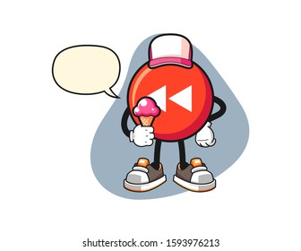 Rewind button hold ice cream with speech bubble cartoon. Mascot Character vector.