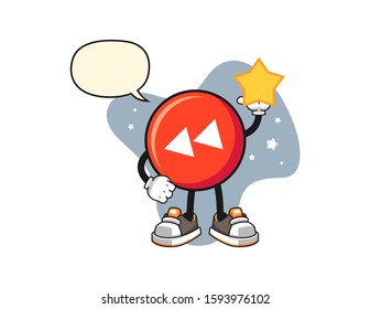 Rewind button hold a star with speech bubble cartoon. Mascot Character vector.