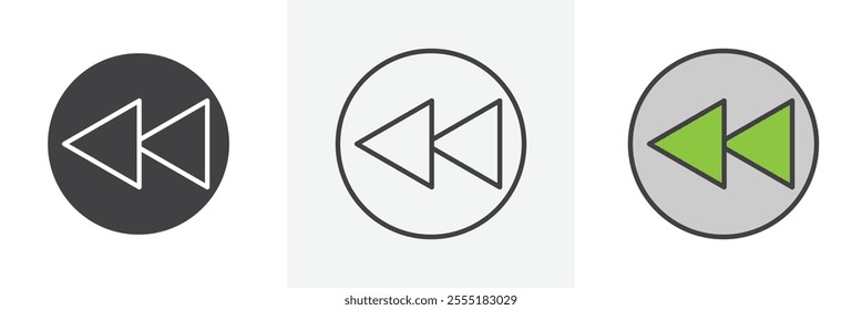 Rewind button icon collection in black and colored style.