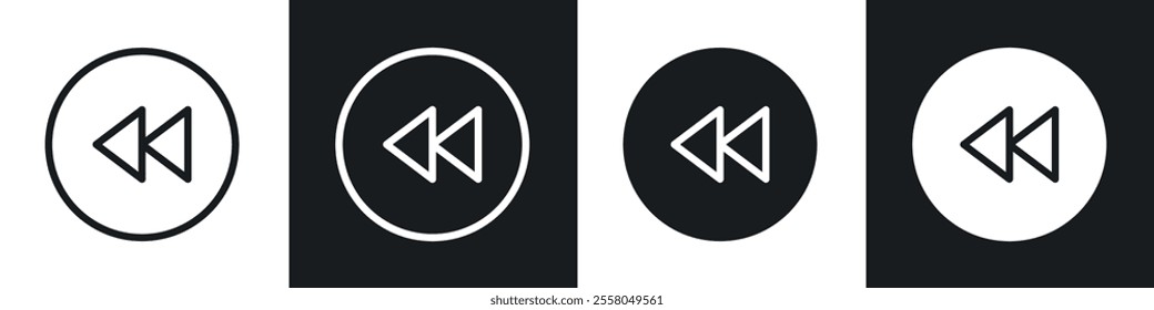 Rewind button icons pack in black and white filled and outlined versions.