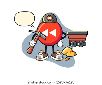 Rewind button miner with speech bubble cartoon. Mascot Character vector.