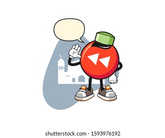 Rewind button muslim with speech bubble cartoon. Mascot Character vector.