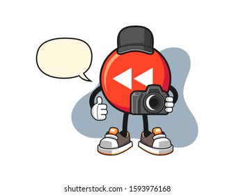 Rewind button photographer with speech bubble cartoon. Mascot Character vector.