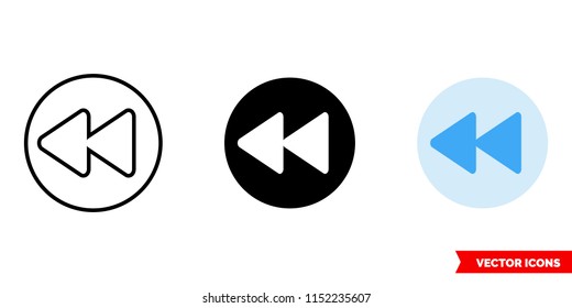 Rewind button round icon of 3 types: color, black and white, outline. Isolated vector sign symbol.