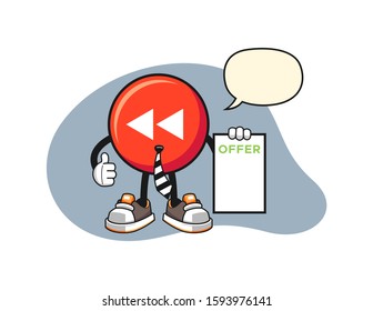 Rewind button salesman with speech bubble cartoon. Mascot Character vector.