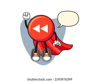 Rewind button super hero with speech bubble cartoon. Mascot Character vector.