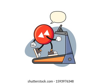 Rewind button walking on treadmill with speech bubble cartoon. Mascot Character vector.